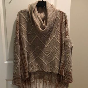 Taupe sweater sleeves cowl poncho